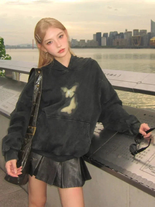 Butterflies Print Black Hoodie Women Streetwear Harajuku Oversized Pullover Sweatshirts Maillard Reaction Cotton Clothes