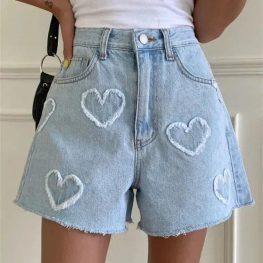 Sweet Cute Fur Heart Pattern Denim Shorts for Women Y2k High Waist Loose Straight Short Pants 2025 Summer New Wide Leg Shorts