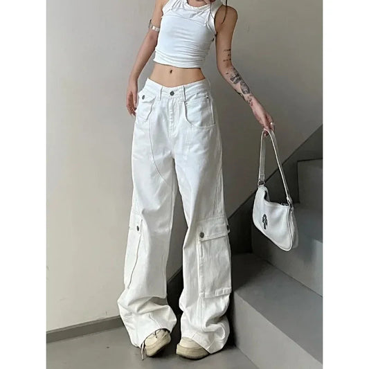 Baggy Vintage Cargo Jeans Woman Korean Fashion Casual Harajuku Wide Leg Denim Pants Basic Ladies Fashion White Trousers