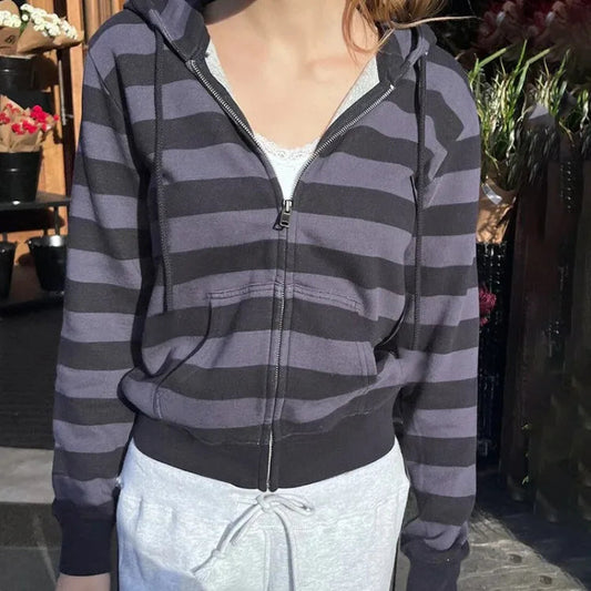 American High Street Striped Casual Hoodie Jackets Spring Autum New Cardigan Coat Women Y2k Long Sleeve Zipper Tops Mujer