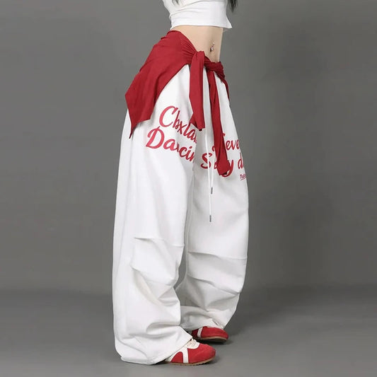 Vintage Letter Print Sweatpants Women American Streetwear Loose Trousers Y2K Hip Hop Drawstring Casual Wide Leg Pants