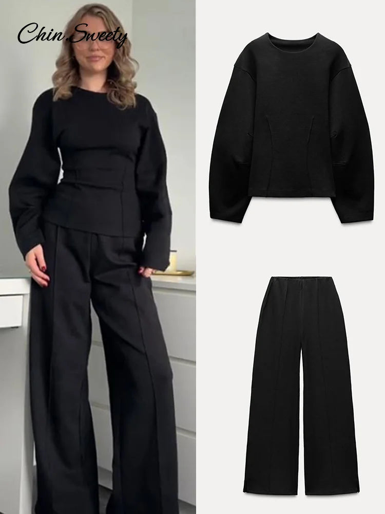 Casual Women&#8217;s 2-piece Solid Pants Sets Long Sleeve O-neck Sweatshirts Wide Leg Pleated Trousers  Autumn Lady Lazy Tracksuit