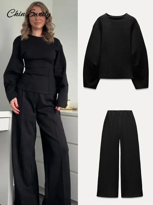 Casual Women&#8217;s 2-piece Solid Pants Sets Long Sleeve O-neck Sweatshirts Wide Leg Pleated Trousers  Autumn Lady Lazy Tracksuit