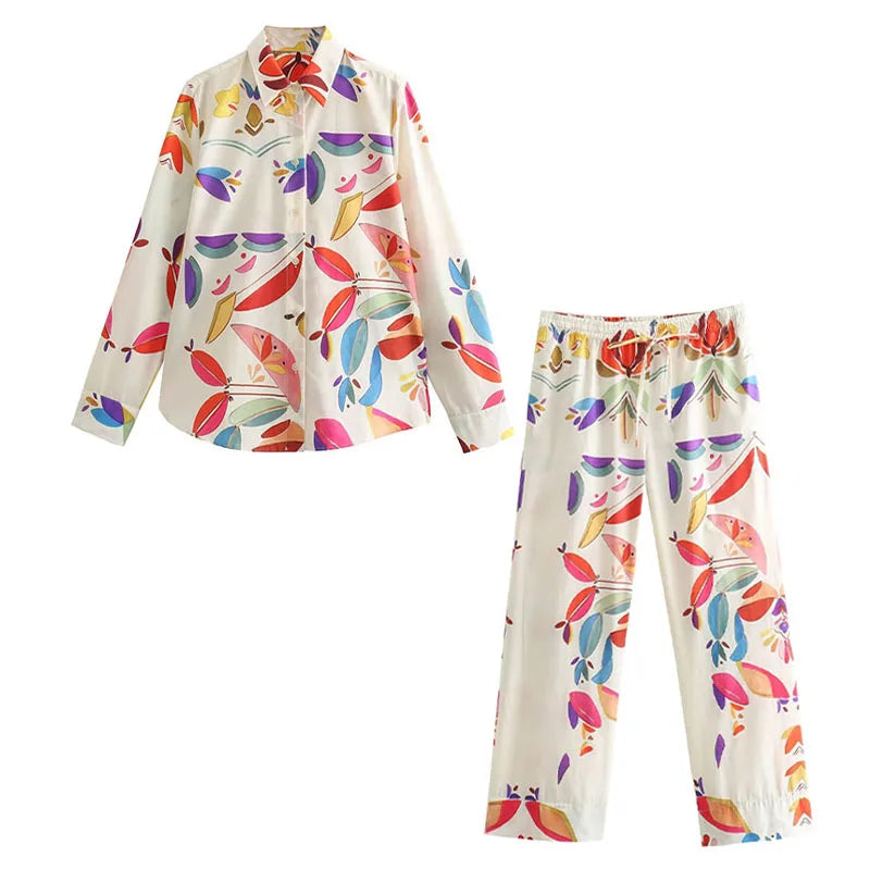 Women Spring Fashion Suit Vintage Printed Lapel Long Sleeves Single Breasted Shirts Female Elastic Waist Wide Leg Pants
