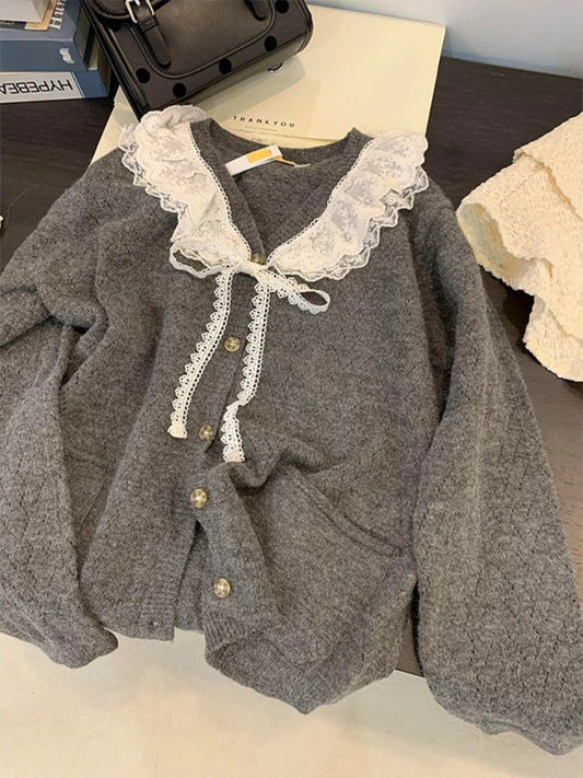 Sweet Fashion Kawaii Sweater Gray Lace Doll Neck Knit Cardigan Women's Clothing Autumnwinter Soft Lazy Vneck Coat