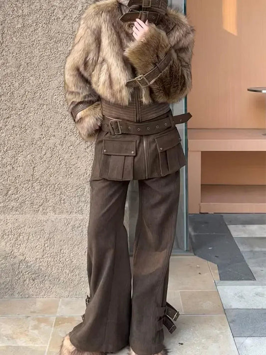 American Retro Oversized Detachable Pants Women's Clothing Autumn and Winter New Spicy Girl Fake Two Piece Spliced Flare Pants