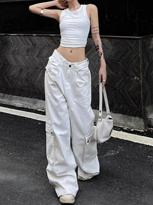 Women Low Waist Denim Pants Y2k Vintage Loose Korean Style Straight Wide Leg Cargo Jeans Harajuku Causal Ladies Trousers