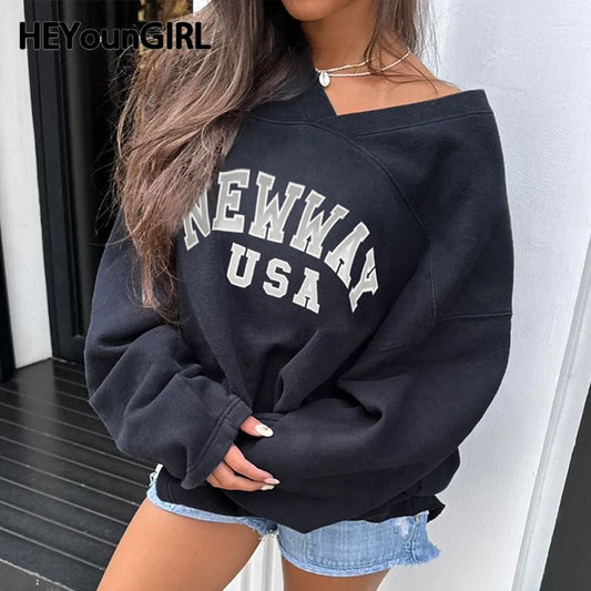 Y2K Women V-neck Sweatshirt Letter Print Preppy Style Dark Blue Long Sleeve Top Winter Streetwear Casual Pullovers