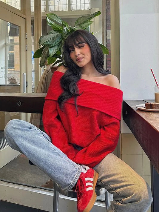 2024 Fashion Solid Simple Knitted Sweater For Woman Slash Neck Long Sleeve Loose Pullover Autumn Casual Streetwear Basic Jumper