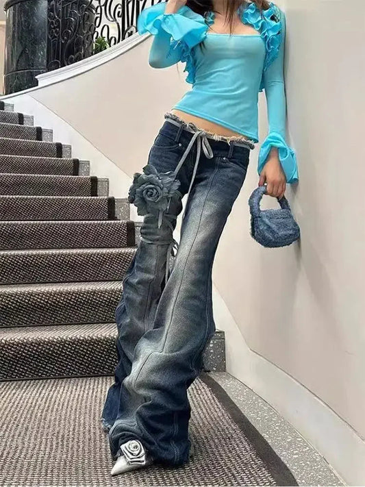 American Retro Pleated Design Slimming Denim Flared Pants for Women Autumn and Winter New y2k Spicy Girl Low Waist Jeans Women