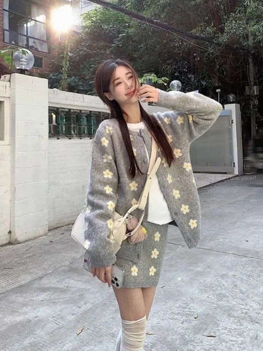 Sweet Hot Girl Knitted Suit Women's Autumn and Winter Oneck Loose Cardigan Wrap Hip Skirt Twopiece Set Fashion Female Clothes