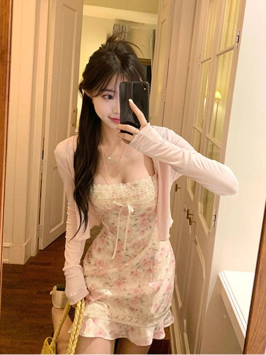 2024 Summer Japanese 2 Piece Dress Set Women Elegant Casual Cardigan + Sweet Slim Floral Y2k Mini Dress Elegant Beach Korean