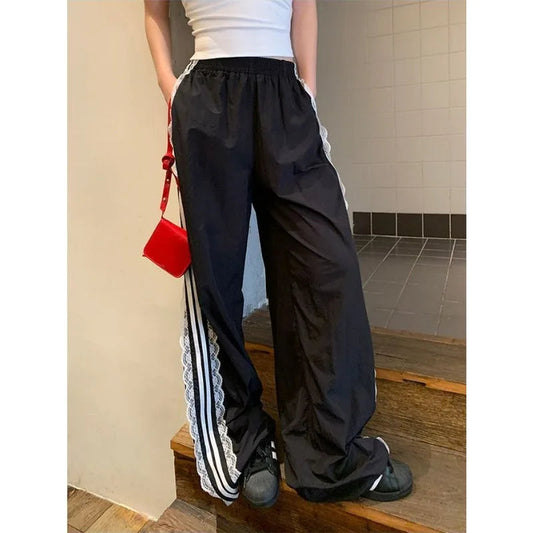 Vintage Striped Black Sports Pants Women Baggy Patchwork Lace Wide Leg Jogging Trousers Summer Korean Casual Sweatpants