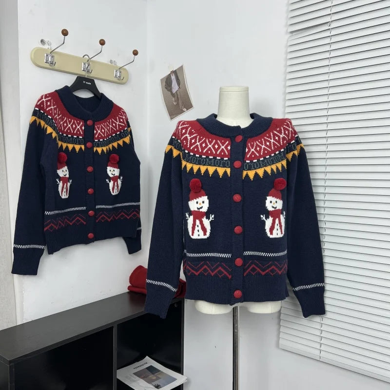 Sweet Hot Girl Retro Knitted Cardigan Women's Winter Snowman Pattern Oneck Loose Sweater Coat Fashion Female Clothes