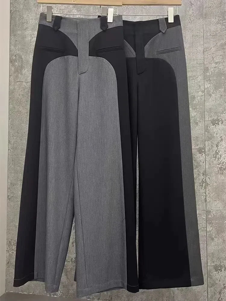 Chestnut Spring NewDesign Sense Color Contrast Patchwork Suit Pants Women's High Waist Slimming Loose Wide Leg Mop Pants