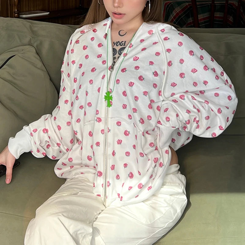 Y2K Floral Print Zipper Hoodie Harajuku Loose Hooded Sweatshirts Cute Oversized Cardigan Casual Basic Thin Coats Autumn