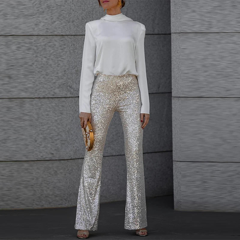 2024 Spring Glitter Sequin Shiny Party Pants Women Elegant High Wiast Slim Flare Trousers New Autumn Fashion Solid Straight Pant