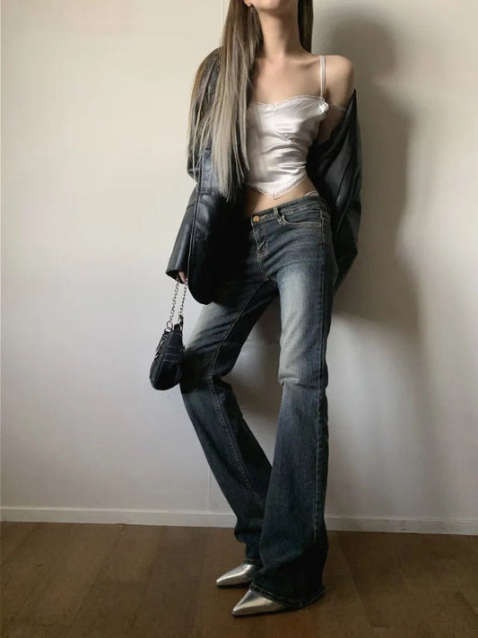 Y2k Sexy Coquette Low Rise Flared Jeans Women American Retro Casual Grunge Popular Denim Pants 2000s Streetwear 90s