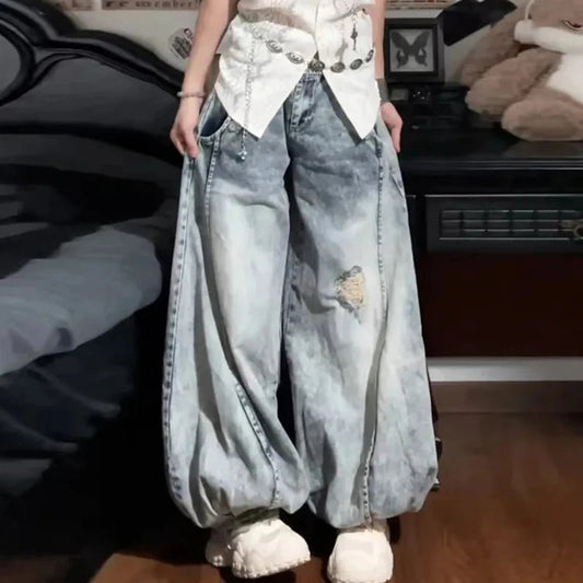 Y2K Vintage Jeans Women Aesthetic Harajuku Baggy Ripped Denim Trousers Summer Chic 2000S Style Bloomers Jean Pants Light Blue