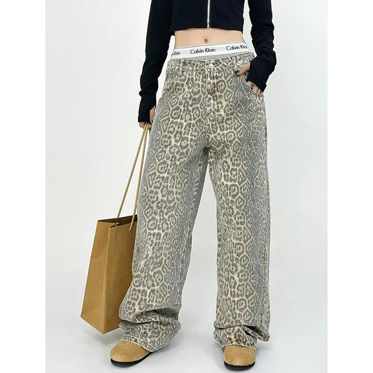 American Retro High Street Casual Overalls Leopard Print Loose Wide Leg Pants For Women Y2k Hiphop Cargo Grunge Baggy Trousers