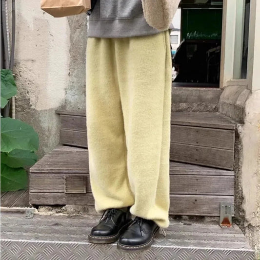 2024 Summer Vintage Korean Retro High Street Hairy and Thick Low Waist Trousers Streetwear Fashion Wide Leg Pants