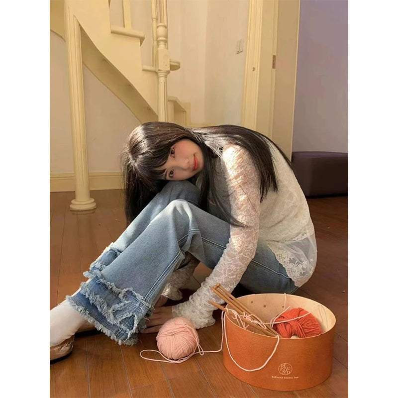 Y2K 2000S Flare Jeans Women Japanese Vintage Bow Patchwork Denim Pants Summer Korean High Waist Slim Chic Straight Trousers New