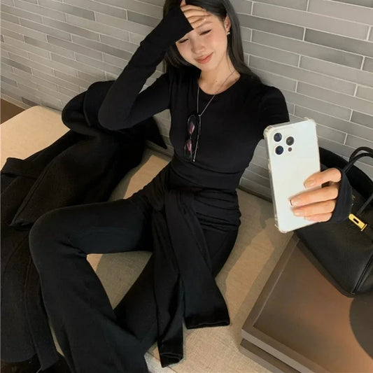 Autumn New Streetwear Laceup Solid Color Casual Wide Leg Pants Women + Sexy Slim Longsleeved Tshirt Twopiece Suit