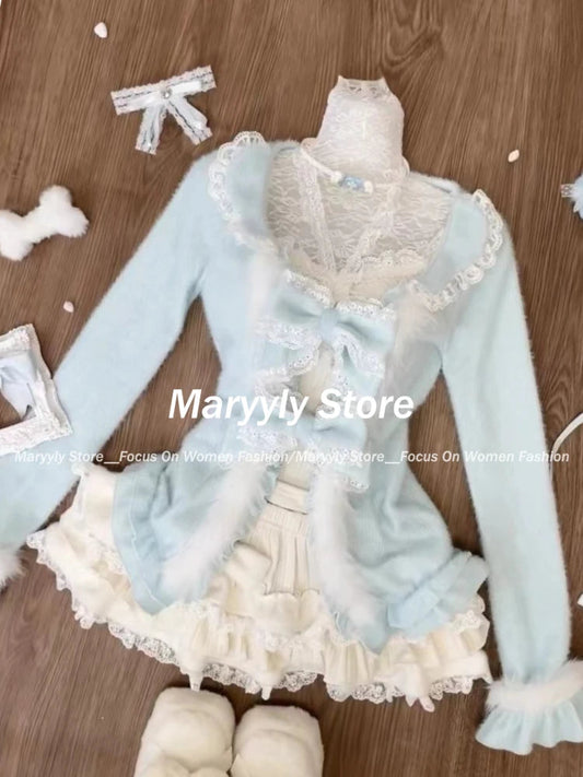 Winter Sweet Cute New 3 Piece Sets Women Outfits Elegant Long Sleeve Bow Cardigan + Casual Slim Vest + Lace Patchwork Mini Skirt