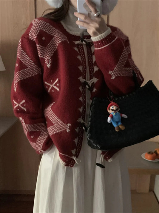 Chic Winter Sweaters Loose Knitwear Women Casual Vintage New Horn Buttons 2025 Slim Office Lady Cardigans Daily Coat