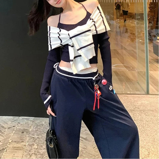 Autumn New American Laceup Loose Casual Wide Leg Pants Women + Patchwork Halter Sweater + Knitted Shawl Threepiece Suit