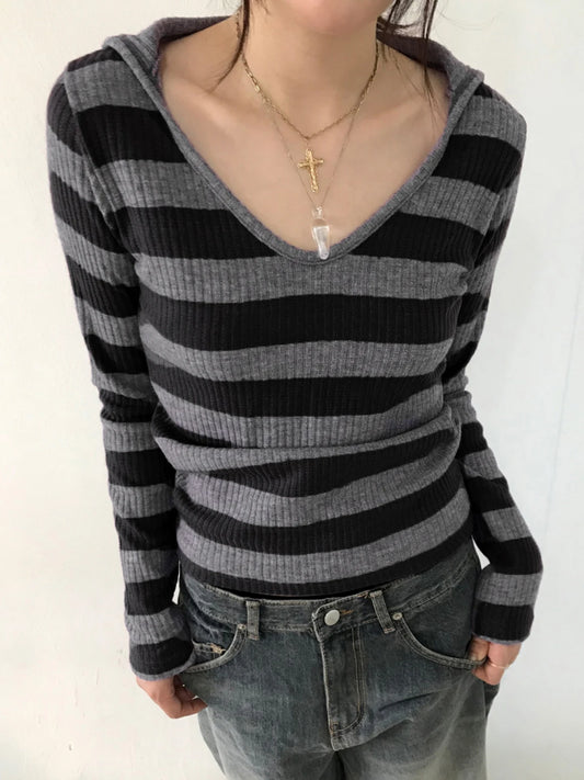 Black Dark Gray Stripe Hooded T-Shirt Women V Neck Slim Long Sleeve Basic Spring Autumn Ribbed Top Preppy Streetwear Tee