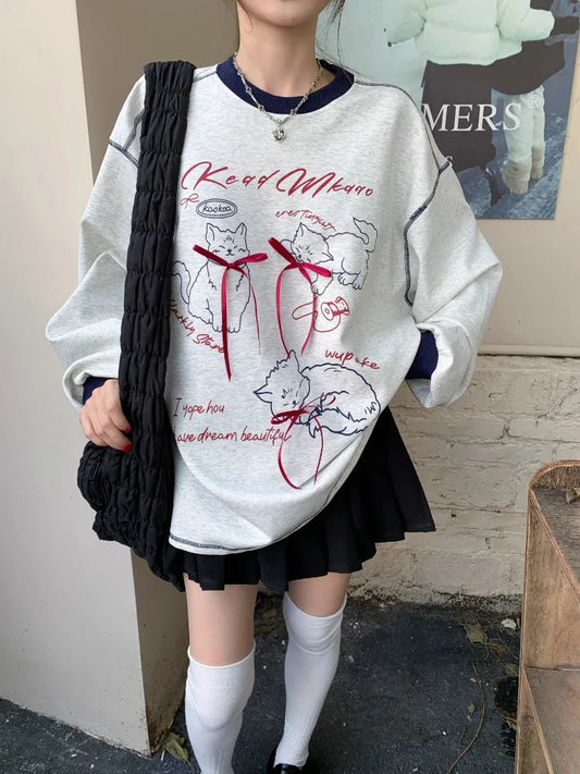 3D Bow Contrast Color Hoodies Round Neck Gray Sweatshirts Autumn Korean Fashion Loose Agereducing Cat Print Loose Top