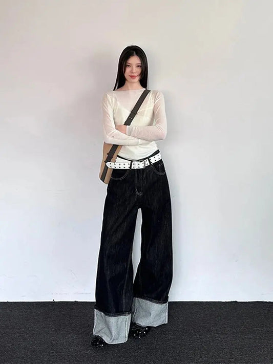 Balck Jeans for Women Harajuku Vintage Baggy Kpop Fashion Do Old Wide Leg Straight Denim Pants Y2k Causal Mujer Trousers