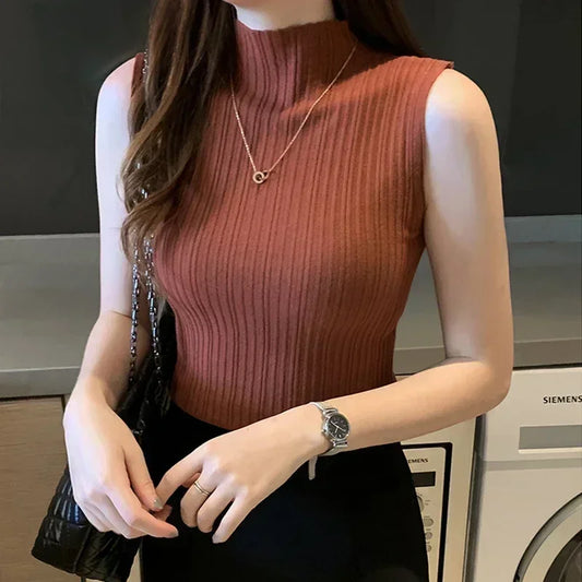 Women Knitted Slim Tank Top Solid Sleeveless Sexy O-Neck Crop Top Casual T-shirt Cotton Off Shoulder Crop Tank Top Summer