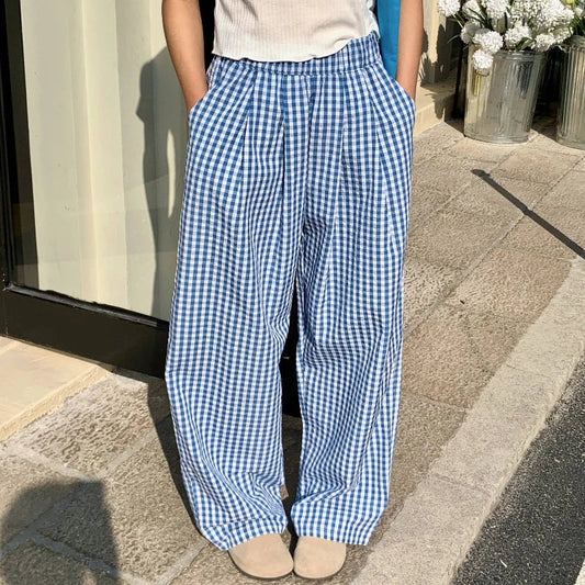 Vintage Plaid Women's Wide Leg Pants Pockets Sping Summer High Waist Casual Straight Loose Trousers Female