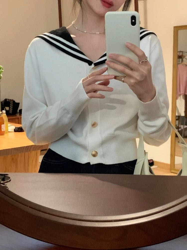 White Navy Collar Knitted Cardigan Age Reduction Women Clothing Autumn Thin Long Sleeve Sweater Korean Fashion Y2k Top