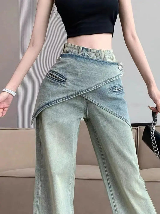 Vintage Light Blue Jeans Women Irregular Belt Cowboy Denim Straight Wide Leg Pants Female 90s Do Old Aesthetics Trousers