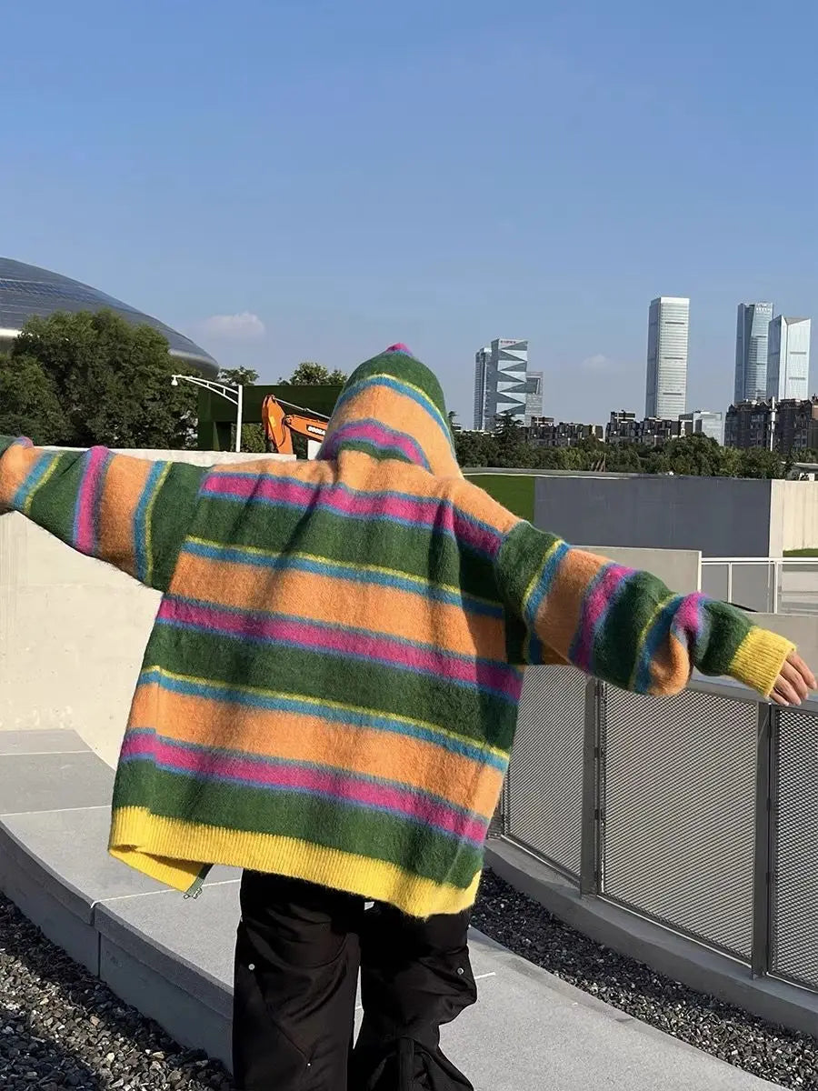 Women Retro Rainbow Striped Knitted Sweater Cardigan 2024 Color Blocked Casual Versatile Autumn Winter Hooded Jacket
