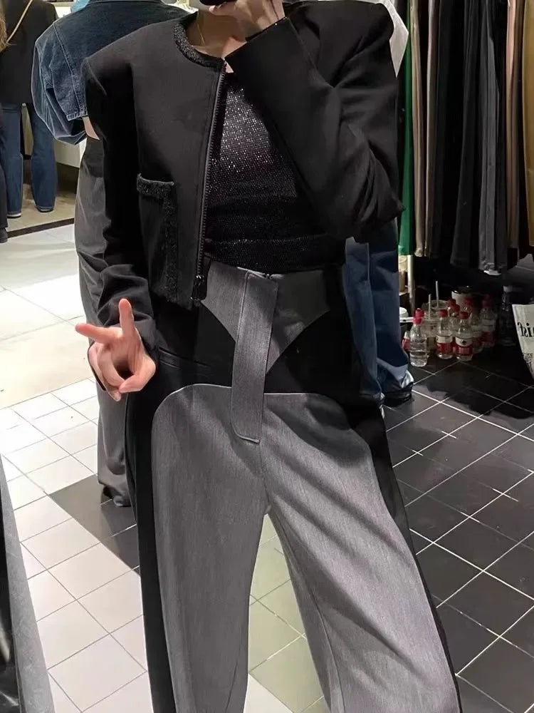 Chestnut Spring NewDesign Sense Color Contrast Patchwork Suit Pants Women's High Waist Slimming Loose Wide Leg Mop Pants