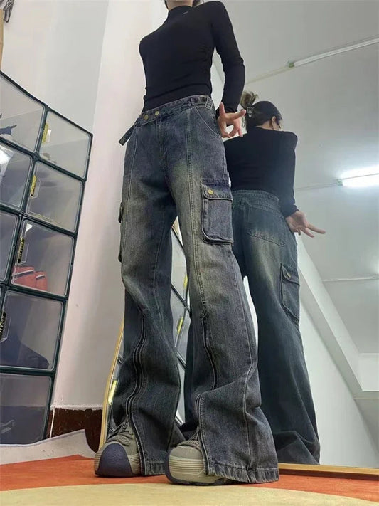 Blue Cargo Pants Women High Waist Washed Jeans American Retro High Street Flared Wide Leg Split Trousers with Zipper New