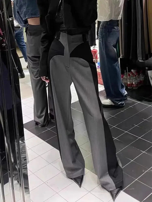 Chestnut Spring NewDesign Sense Color Contrast Patchwork Suit Pants Women's High Waist Slimming Loose Wide Leg Mop Pants