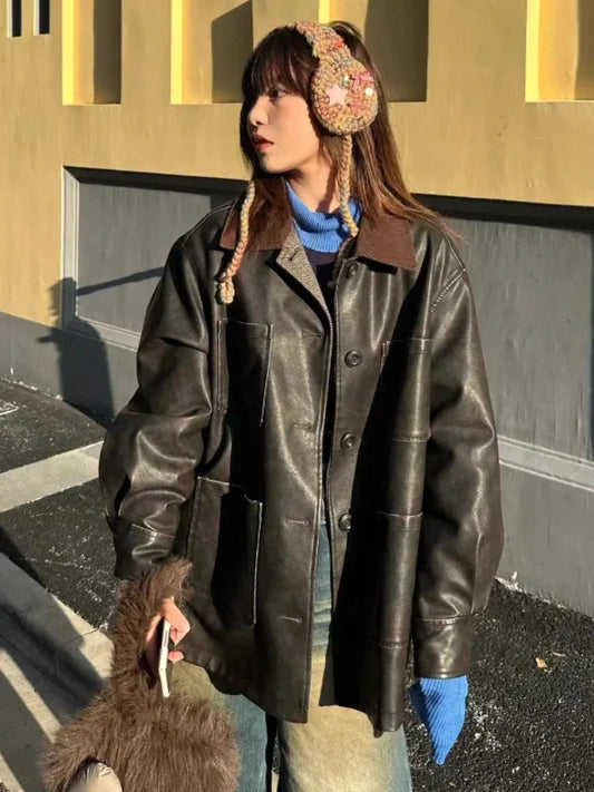 Vintage Leather Jackets for Women Corduroy Lapel Collar Cardigan Button Up  Long Coat Autumn Winter Oversize Clothes New
