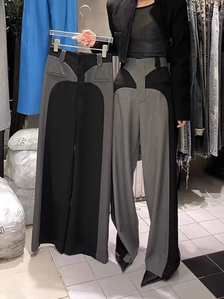 Chestnut Spring NewDesign Sense Color Contrast Patchwork Suit Pants Women's High Waist Slimming Loose Wide Leg Mop Pants