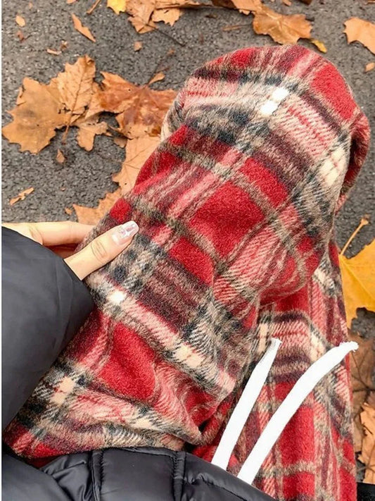 Vintage Red Plaid Pants Women  Harajuku Korean Style Checked Trousers Y2k Streetwear Classic Pants Warm Winter Wide Leg