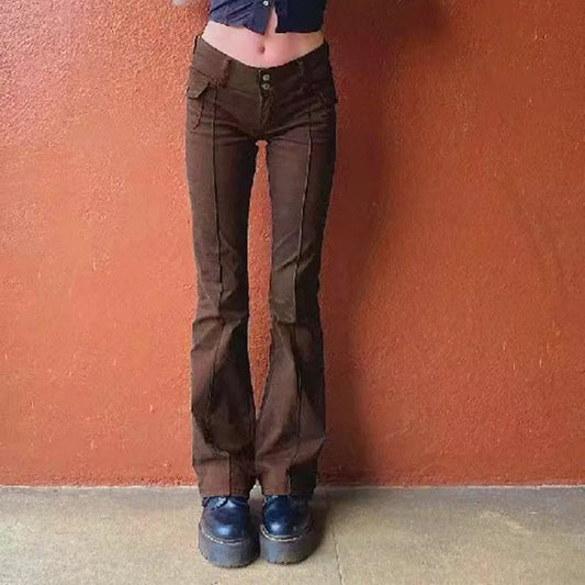 Y2K Brown Flared Jeans Solid Color Pocket Kawaii Trousers Low Waist Aesthetic Jogging Pants Women's Casual Basics