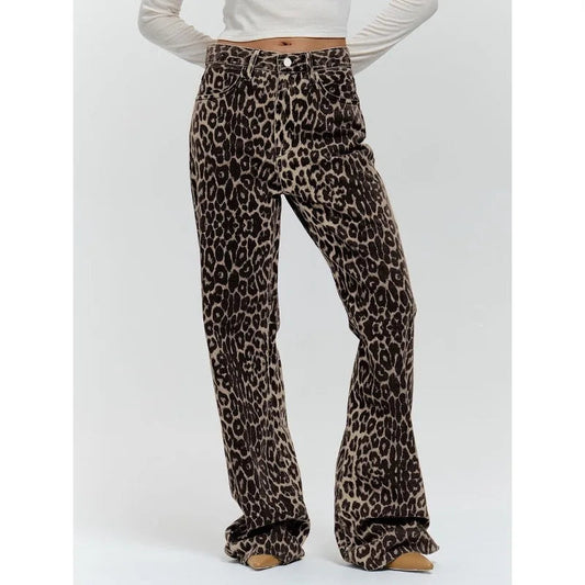 Y2k Vintage Leopard Jeans Woman Baggy Streetwear Spring Harajuku Denim Pants Korean Fashion Causal Trousers Aesthetic