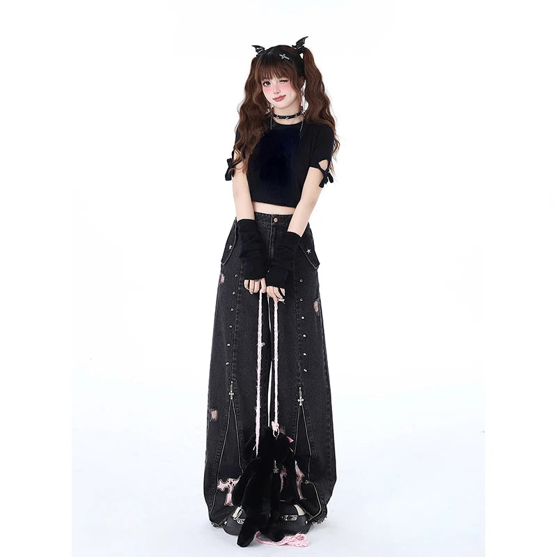 Women Black Gothic Baggy Jeans Vintage High Waist Cowboy Pants Harajuku Denim Trousers Aesthetic Y2k Emo Trashy 2000s Clothes