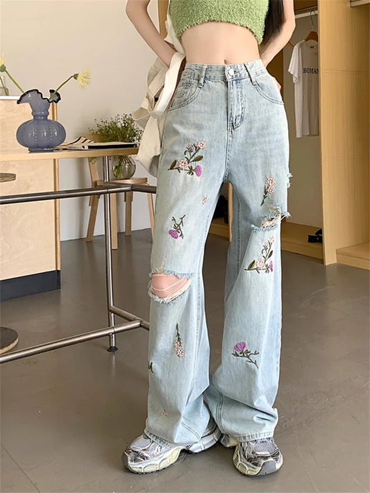 Women Embroidery Flowers Jeans Autumn  OL Hole Chic Loose Fashion Slim New Straight Denim Streetwear Pants