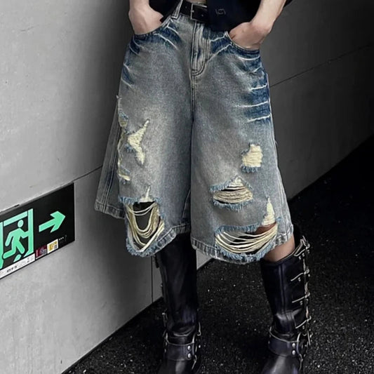 Y2K Streetwear Denim Shorts Women American Vintage High Waist Baggy Wide Leg Denim Shorts New Hole Straight Knee Length Pants