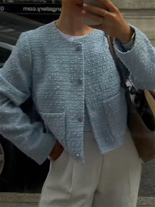 Autumn Casual Patchwork Cardigan Sweater Scoop Neck For Women Solid Pocket Elegant High Waist Outwear Fashion Female Coat
